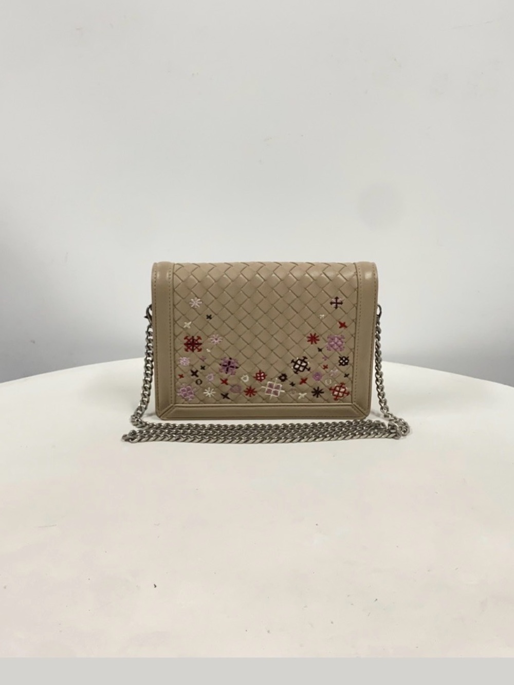 Woven Leather Crossbody Bag with Floral Embroidery - Beige